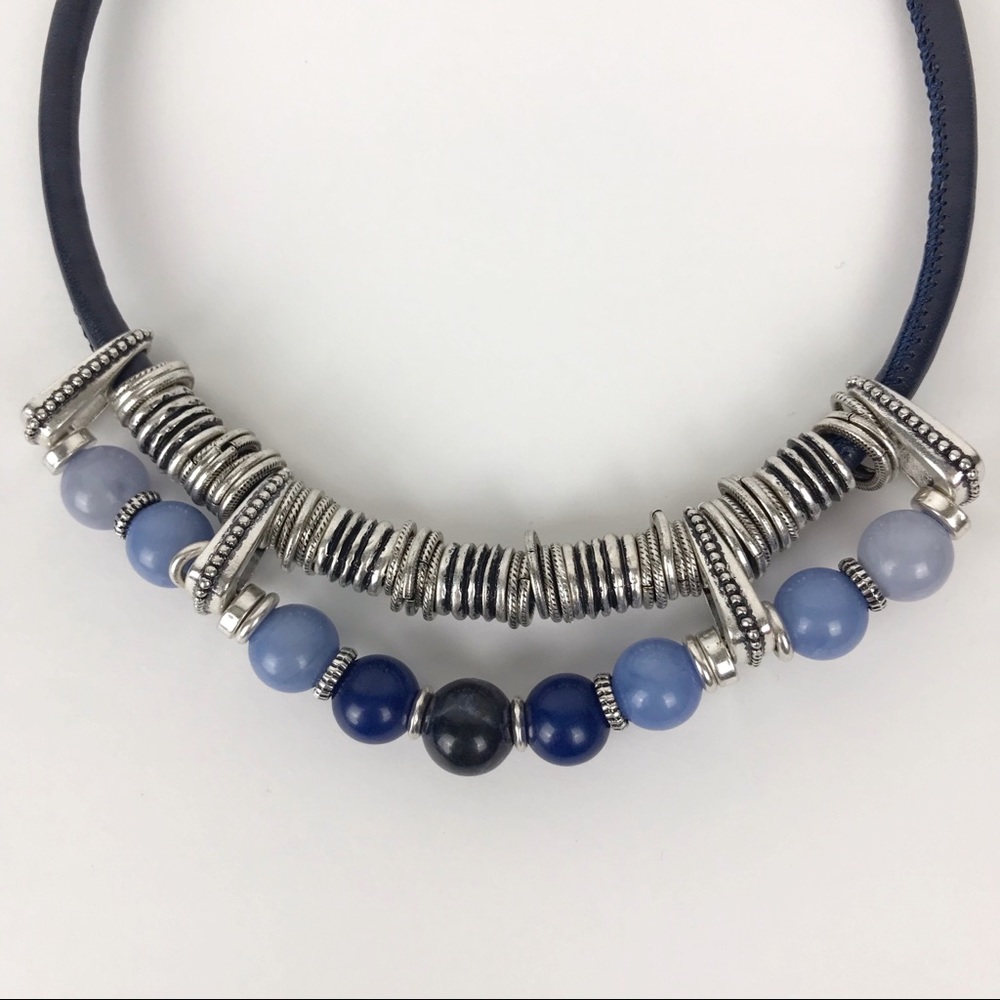 Chico’s Blue Bead & Silver Necklace Blue Leather - Picture 3 of 6